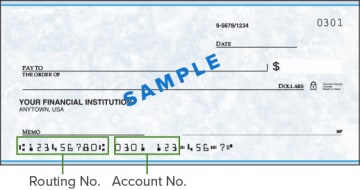 Sample check outlining where to locate your routing number and account number.